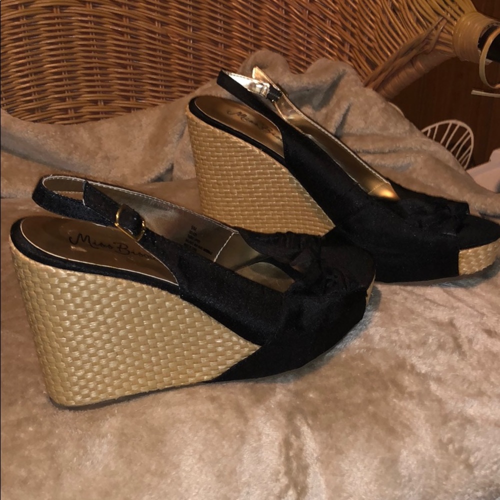 Miss Bisou Wedge Black Satin peep toe ribbon